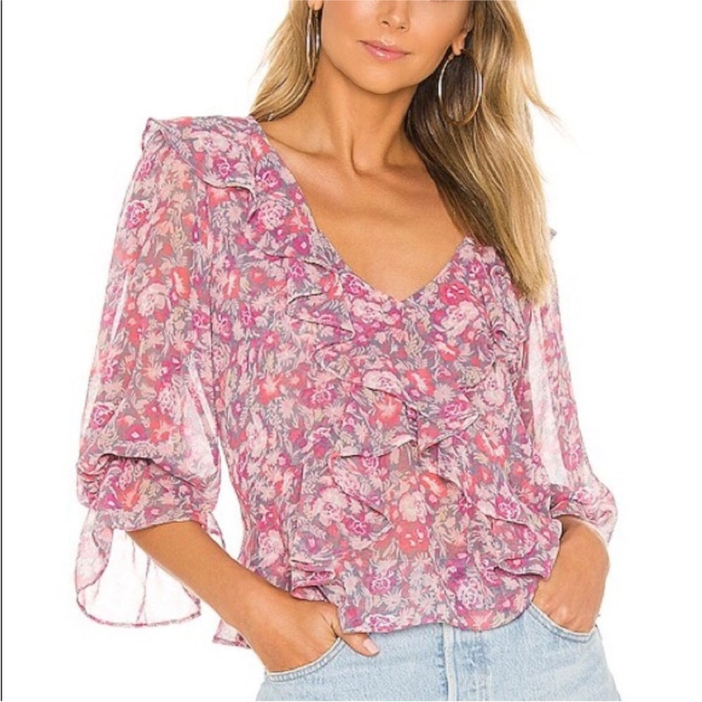 Misa Los Angeles Floral Ruffle Tie-Neck Blouse - Pink Multi